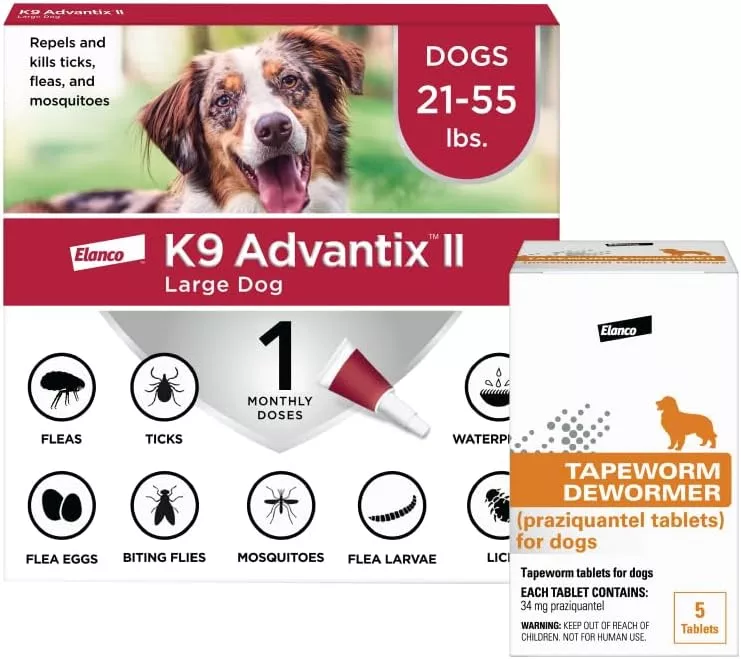 Elanco Tapeworm Dewormer for Dogs and K9 Advantix II Vet-Recommended Flea, Tick, and Mosquito Prevention for Large Dogs  5-Count + 1-Pack