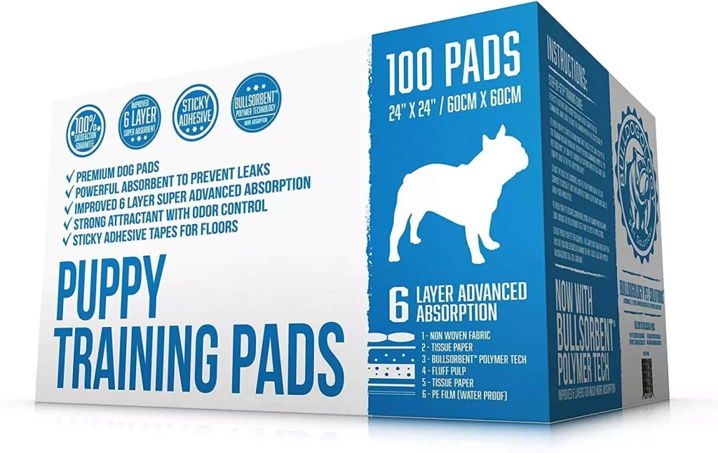 Bulldogology Premium Puppy Pee Pads with Adhesive Sticky Tape (24x24) Large Dog Training Wee Pads with 6 Layer Extra Quick Dry Bullsorbent Polymer Tech (100-Count, White)