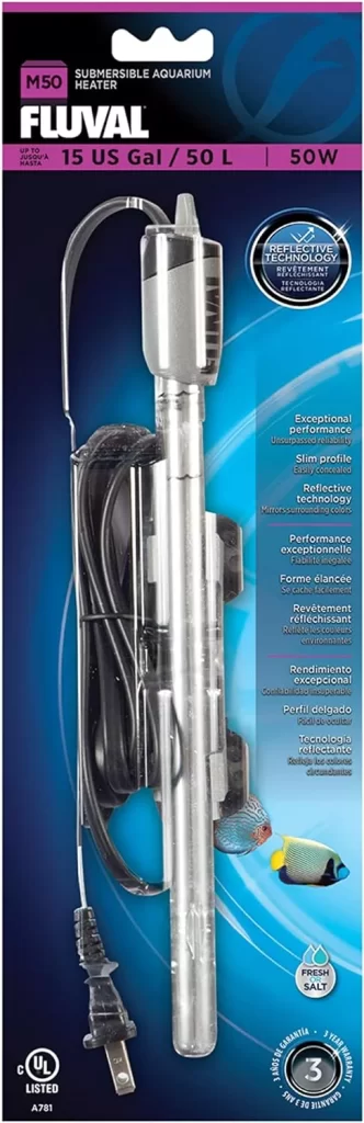Fluval M50 Ultra-Slim Submersible Aquarium Heater – 50W Underwater Heater for Aquariums up to 15 Gal