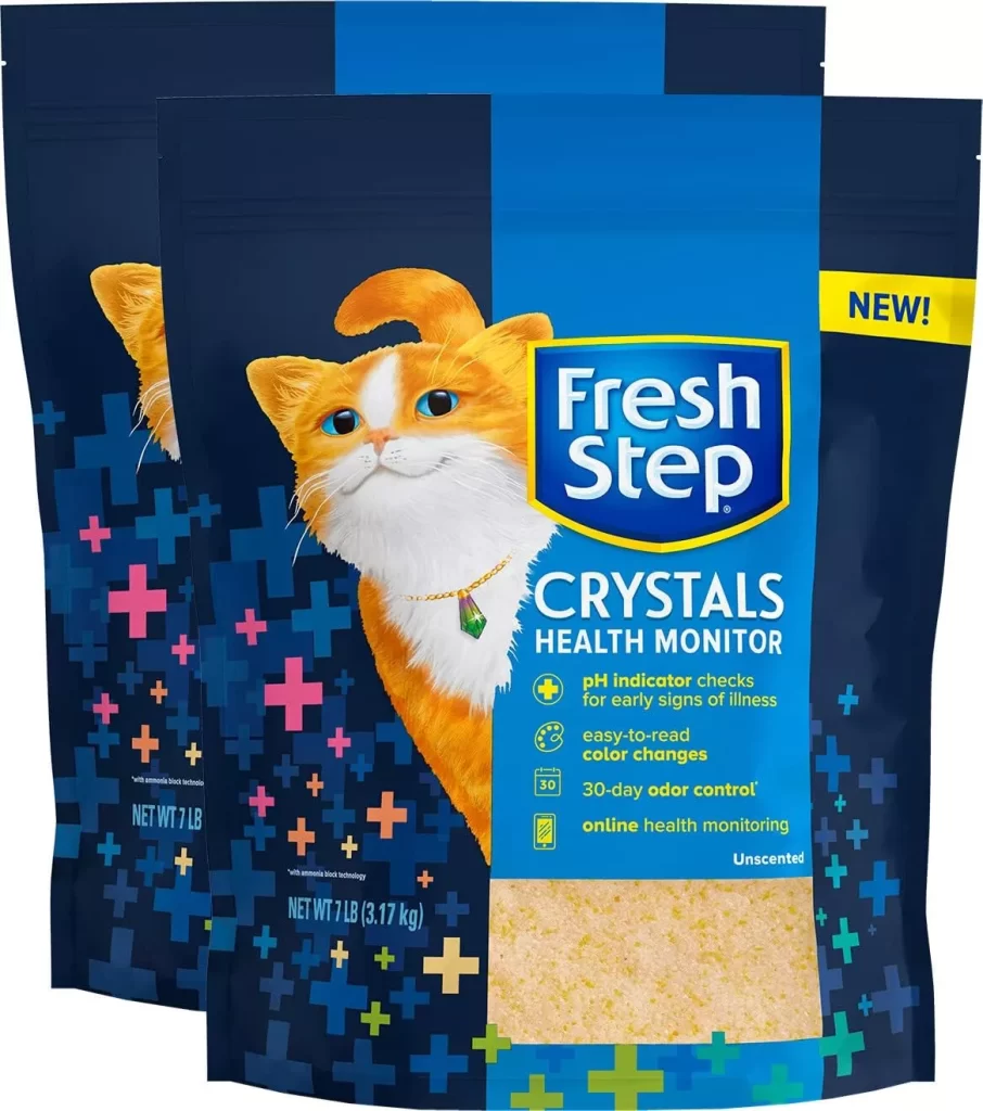 Fresh Step Crystals Health Monitoring Cat Litter, Unscented, Lightweight Crystals Litter Checks Urine pH Levels to Monitor Cat Health, Helps Control Odors, 14 Lbs Total (2 Pack of 7 Lb Bags) 