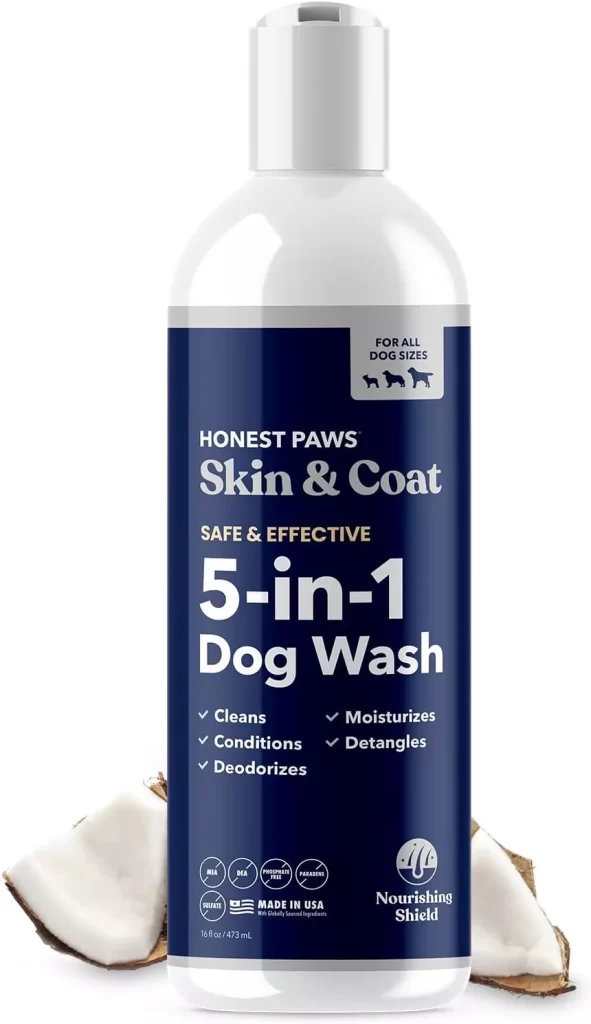 Honest Paws Dog Shampoo and Conditioner - 5-in-1 for Allergies and Dry, Itchy, Moisturizing for Sensitive Skin - Sulfate Free, Plant Based, All Natural, with Aloe and Oatmeal -16 Fl Oz