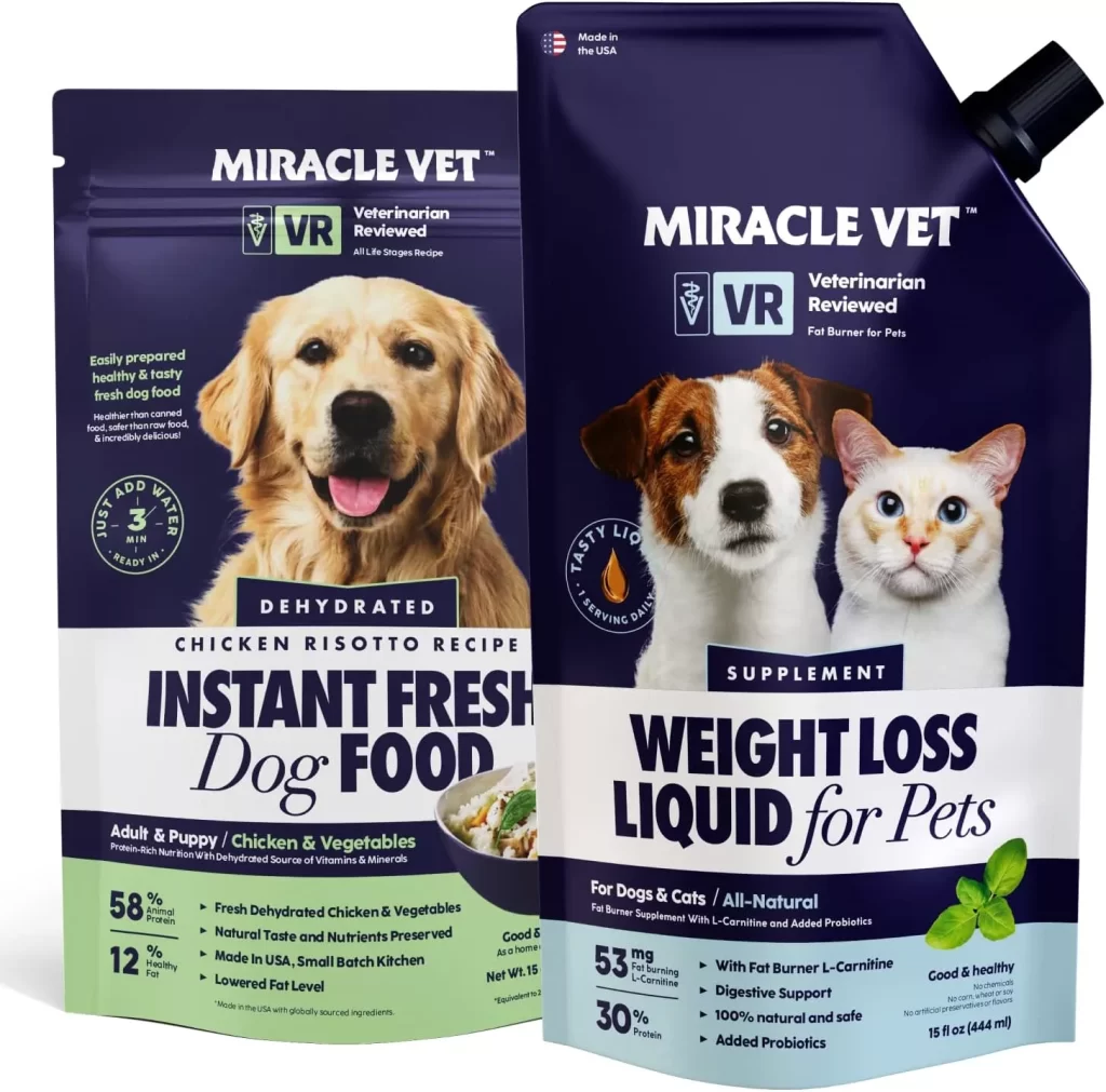 MIRACLE VET Weight Loss Nutrition Bundle 2-in-1 for Dogs - Low-Calorie Dehydrated Wet Dog Food and Supplement with Fat Burner L-carnitine and Probiotics for Digestive Support - Vet-Reviewed