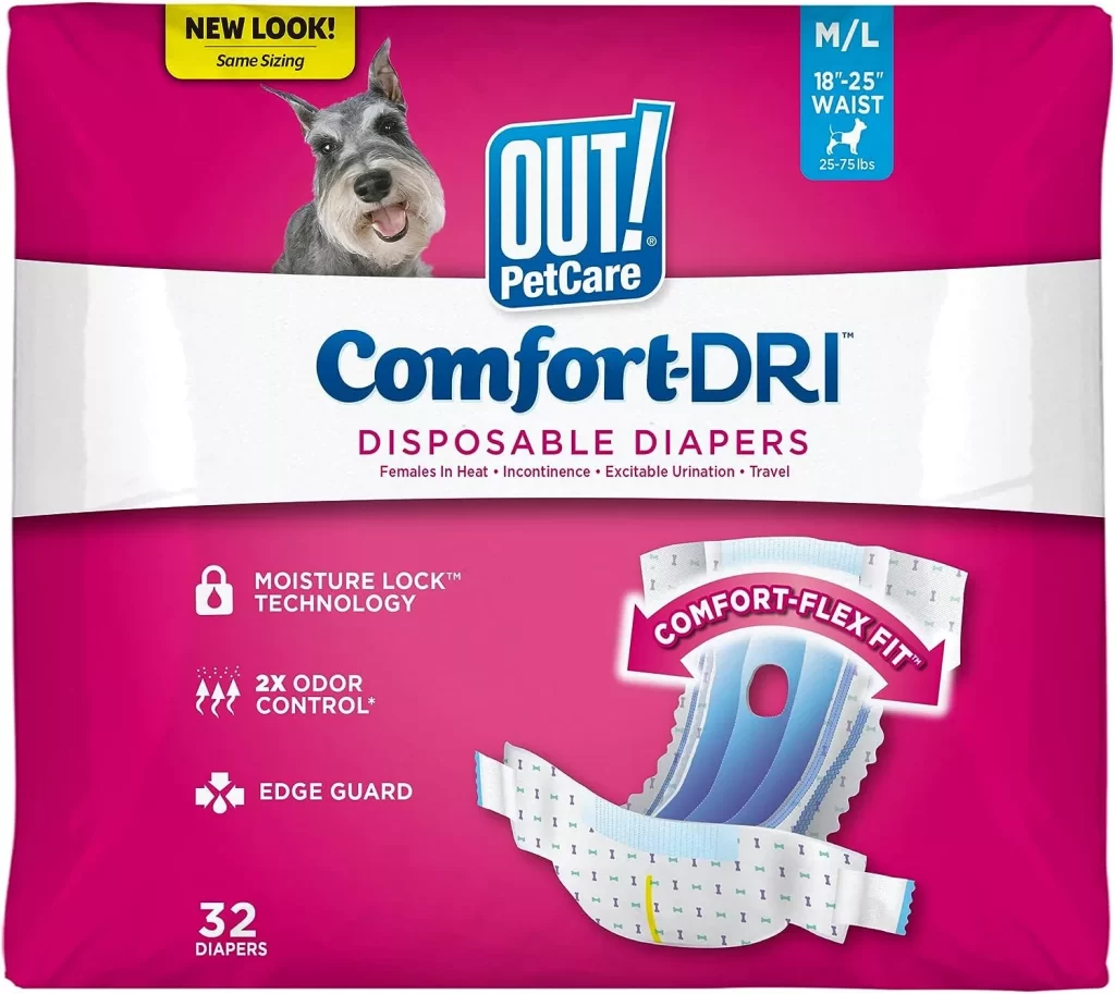 OUT! Disposable Female Dog Diapers  Absorbent Female Dog Diapers with Leak Protection  Female Dogs in Heat, Excitable Urination, or Incontinence  MediumLarge  32 Count 