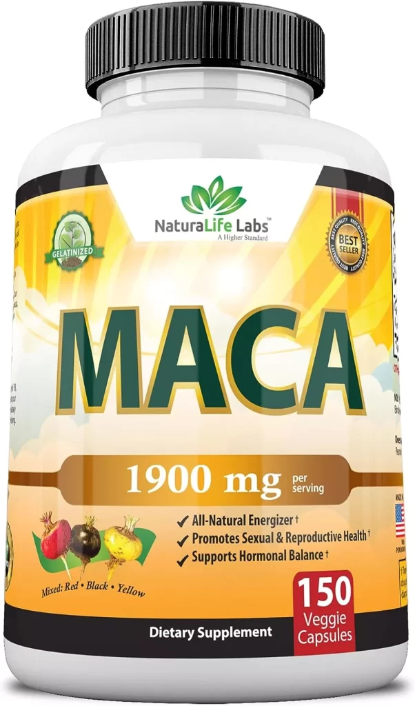 Organic Maca Root Black, Red, Yellow 1900 MG per Serving - 150 Vegan Capsules Peruvian Maca Root Gelatinized 100% Pure Non-GMO Supports Reproductive Health Natural Energizer 