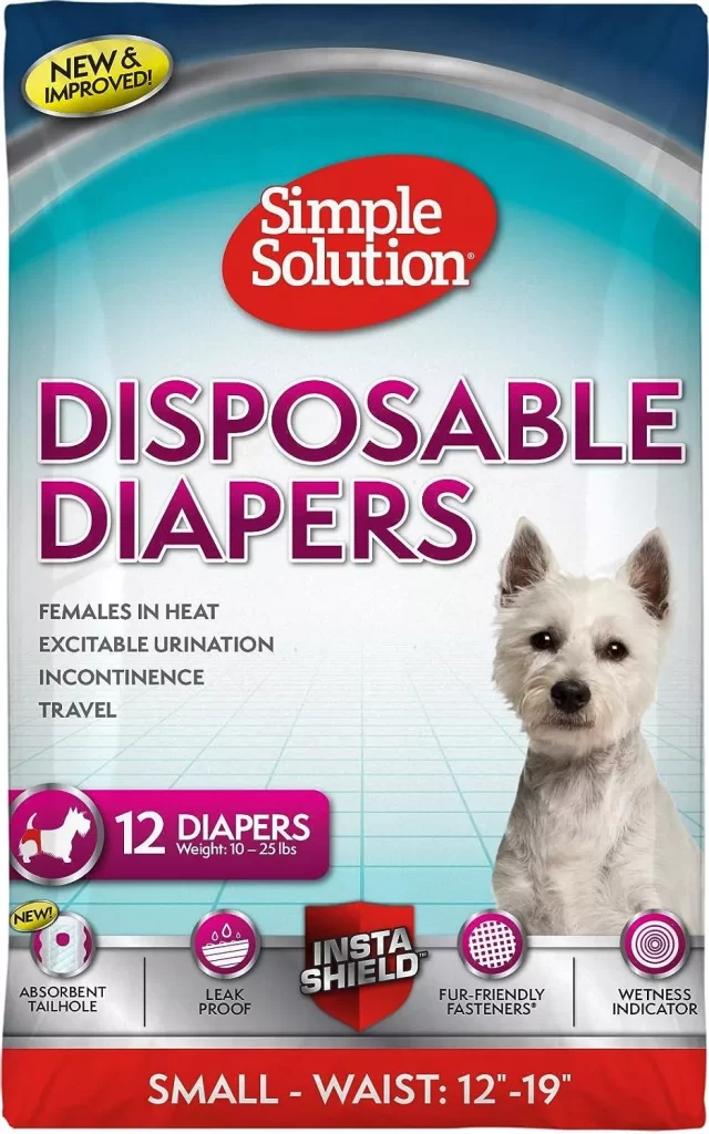 Simple Solution Disposable Dog Diapers for Female Dogs  Super Absorbent Leak-Proof Fit  Females In Heat, Excitable Urination, Incontinence, or Puppy Training  Small  12 Count 