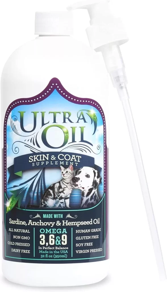 Ultra Oil Skin and Coat Supplement for Dogs and Cats with Hemp Seed Oil, Flaxseed Oil, Grape Seed Oil, Fish Oil for Relief from Dry Itchy Skin, Dull Coat, Hot Spots, Dandruff, and Allergies 32 Ounce
