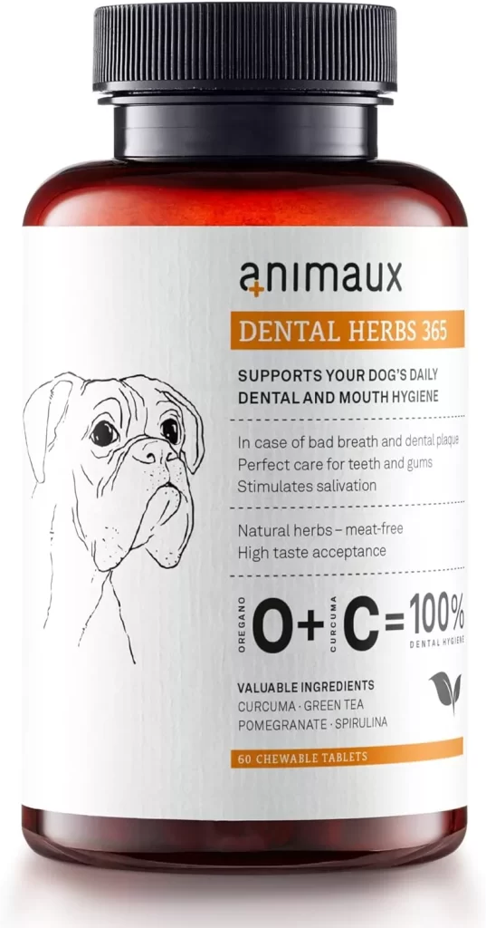 animaux Dental Herbs 365 – Herbal Dog Supplement, Supports Teeth Cleaning, Oral Care & Mouth Hygiene, Breath Freshener, Treats for Prevention of Plaque & Tartar, 60 chewable Tablets, 60 Days Supply